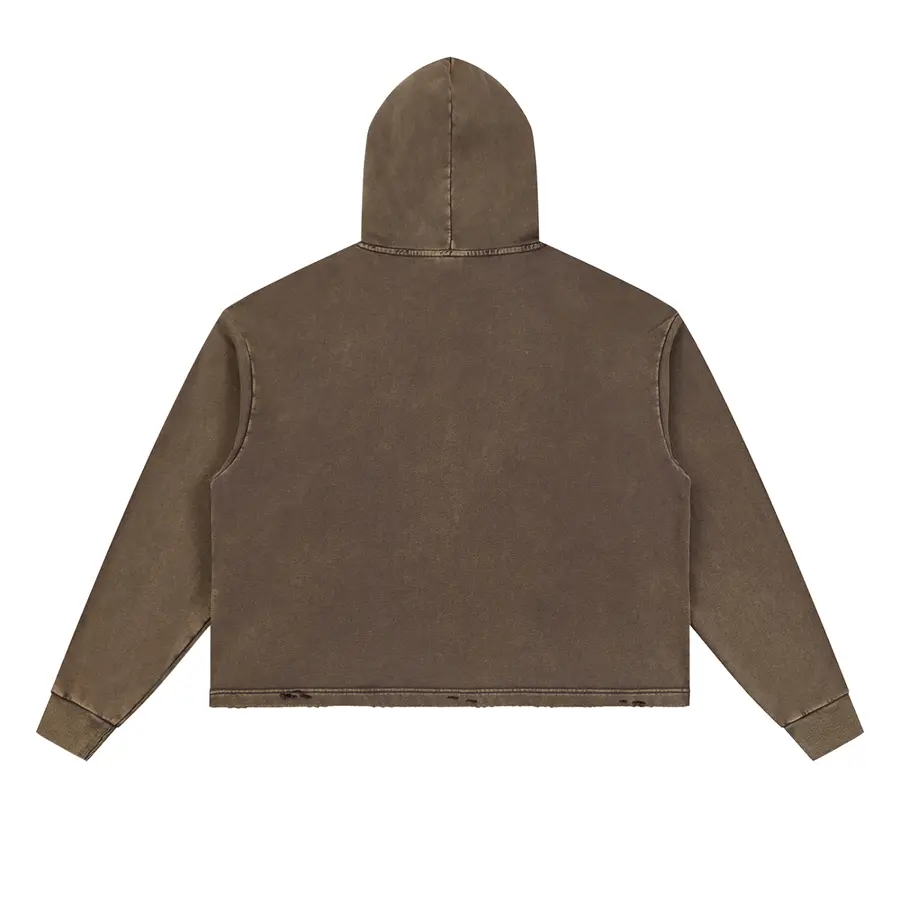 Cropped Distressed Hoodie in Mocha, back