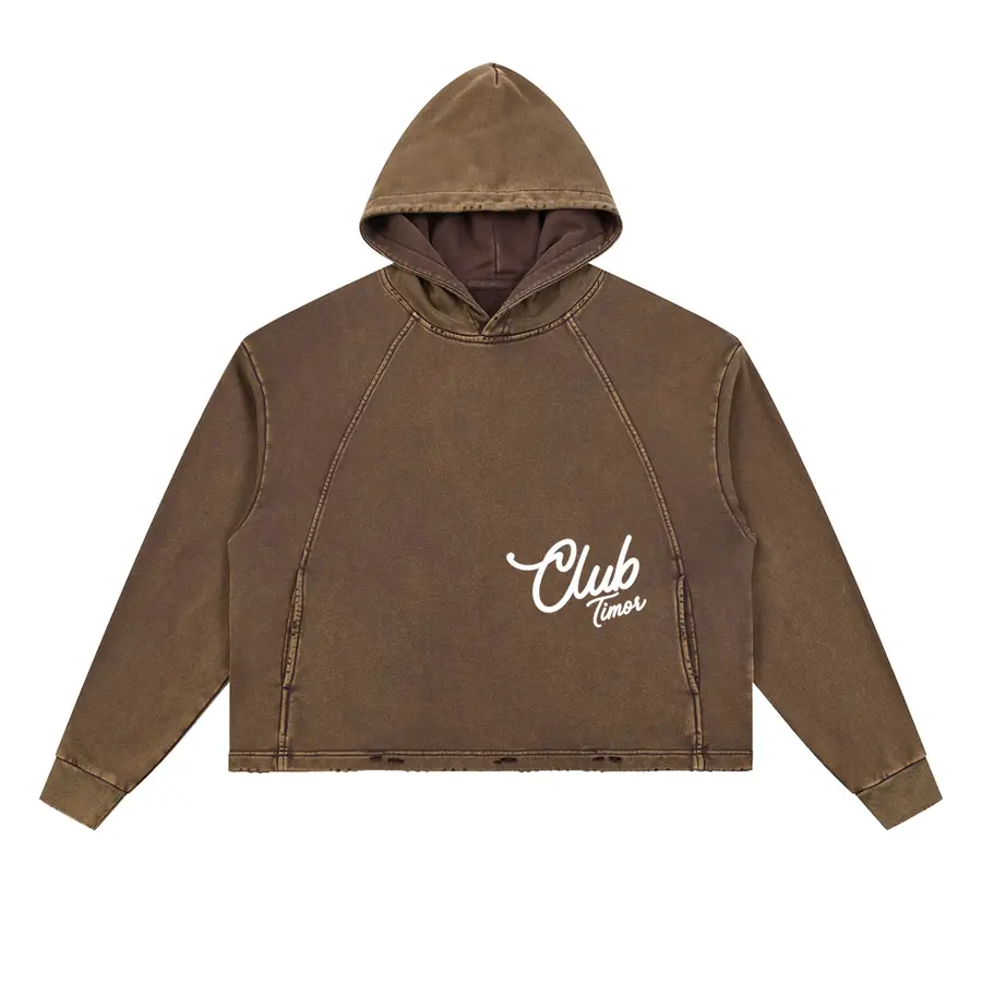 Cropped Distressed Hoodie in Mocha, front
